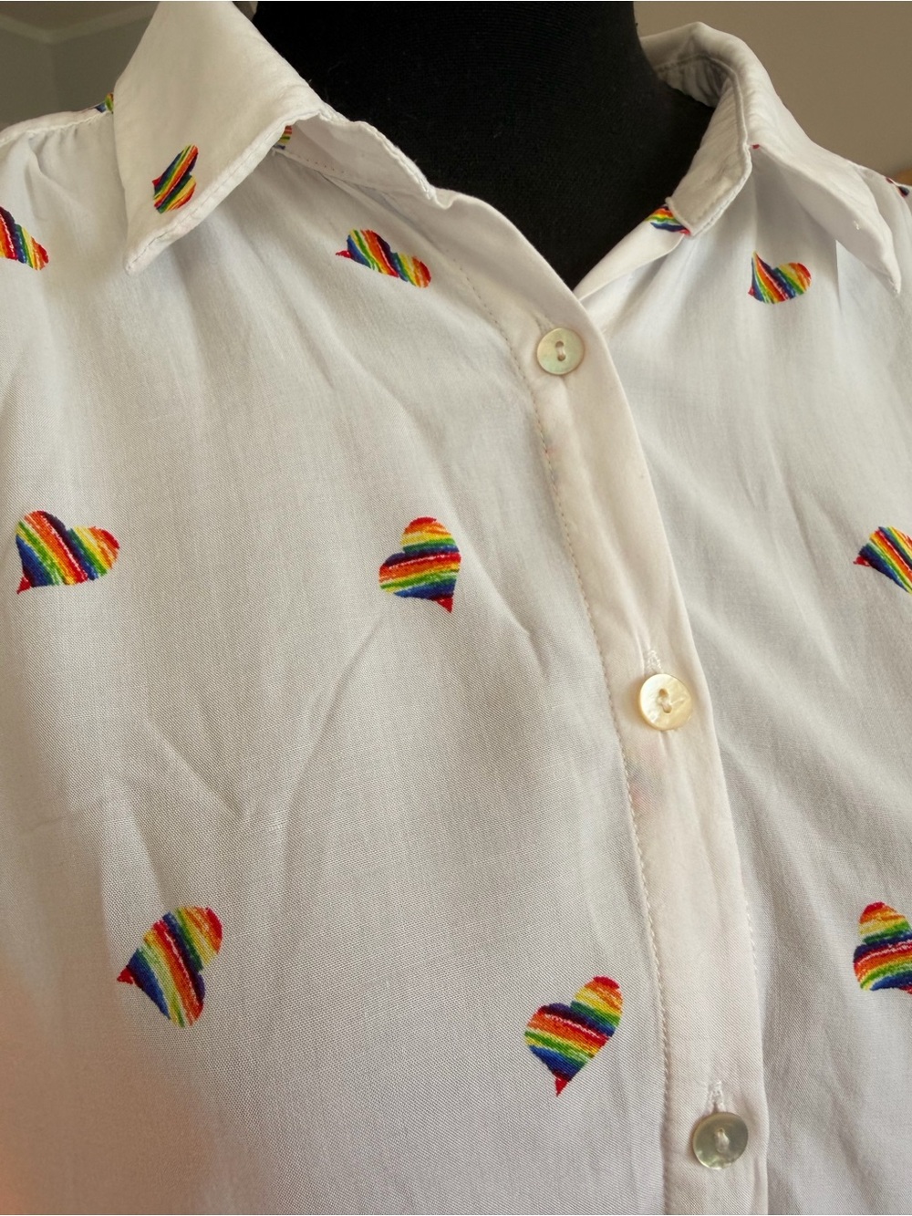 LGBTQ+ Pride White Button-Up Shirt With Rainbow Heart Embroidery - Size large